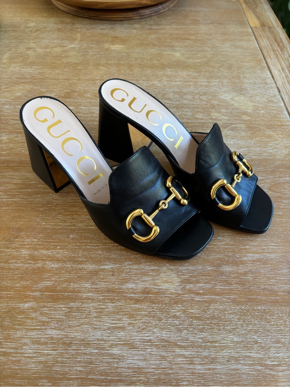 Gucci Black Leather Mule Heels with Gold Horsebit